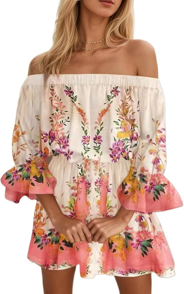 Women's Floral Print Off Shoulder Mini Dress Summer Tropical Flounce Half Sleeve Ruffle Hem A Lin... | Amazon (US)