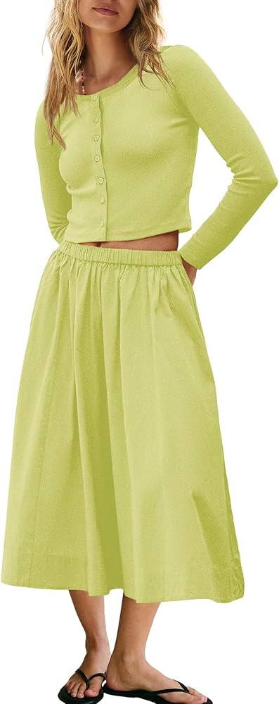 Panadila Womens 2 Piece Lounge Sets Matching Vacation Outfits Ribbed Button Down Cardigan and Ela... | Amazon (US)