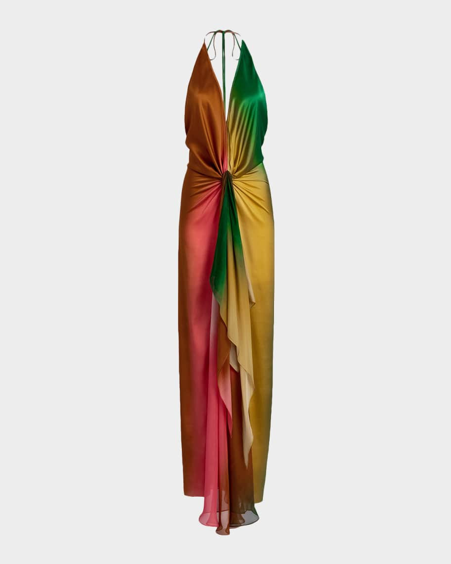 Silvia Tcherassi Dixon Twisted Satin Plunging Halter Maxi Dress | Neiman Marcus