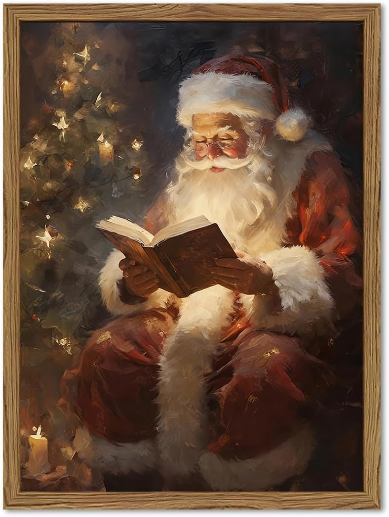 Framed Vintage Christmas Canvas Wall Art, Santa Claus Reading Book Paintings Wall Decor, Rustic Winter Holiday Pictures Prints for Living Room Bedroom Home Decoration 8×10 inch | Amazon (US)
