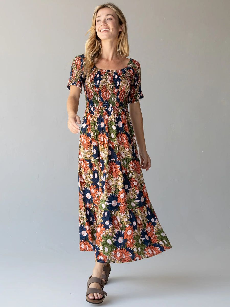 Daisy Tiered Midi Dress - Navy Yellow Floral | Natural Life