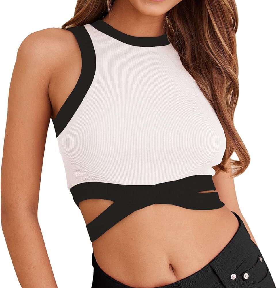 Women's Summer Crop Tops Crew Neck Sleeveless Tie Back Ribbed Knit Tank Tops Patchwork Slim Basic... | Amazon (US)