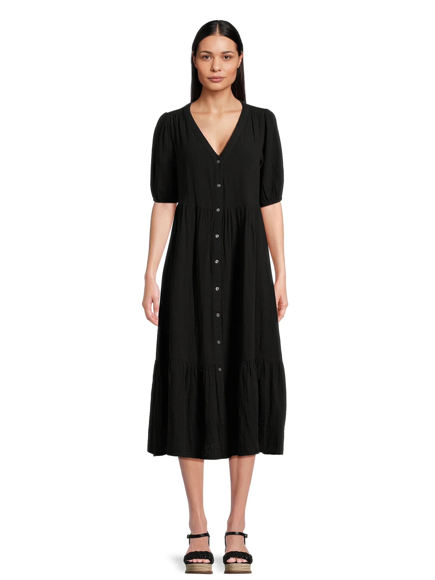 Time and Tru Women’s Tiered Midi Dress with Short Sleeves, Sizes XS-XXXL | Walmart (US)