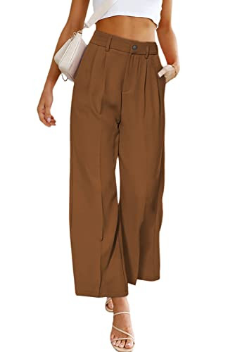 SHIPE Women Ladies Brown Work Pants 2023 Spring Casual Wide Leg Pull On Dress Pants High Waist Trousers Pants Slacks Brown XL | Amazon (US)