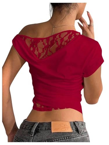 Verdusa Women's Lace Top Off The Shoulder Elegant Crop Shirts Going Out Tops | Amazon (US)