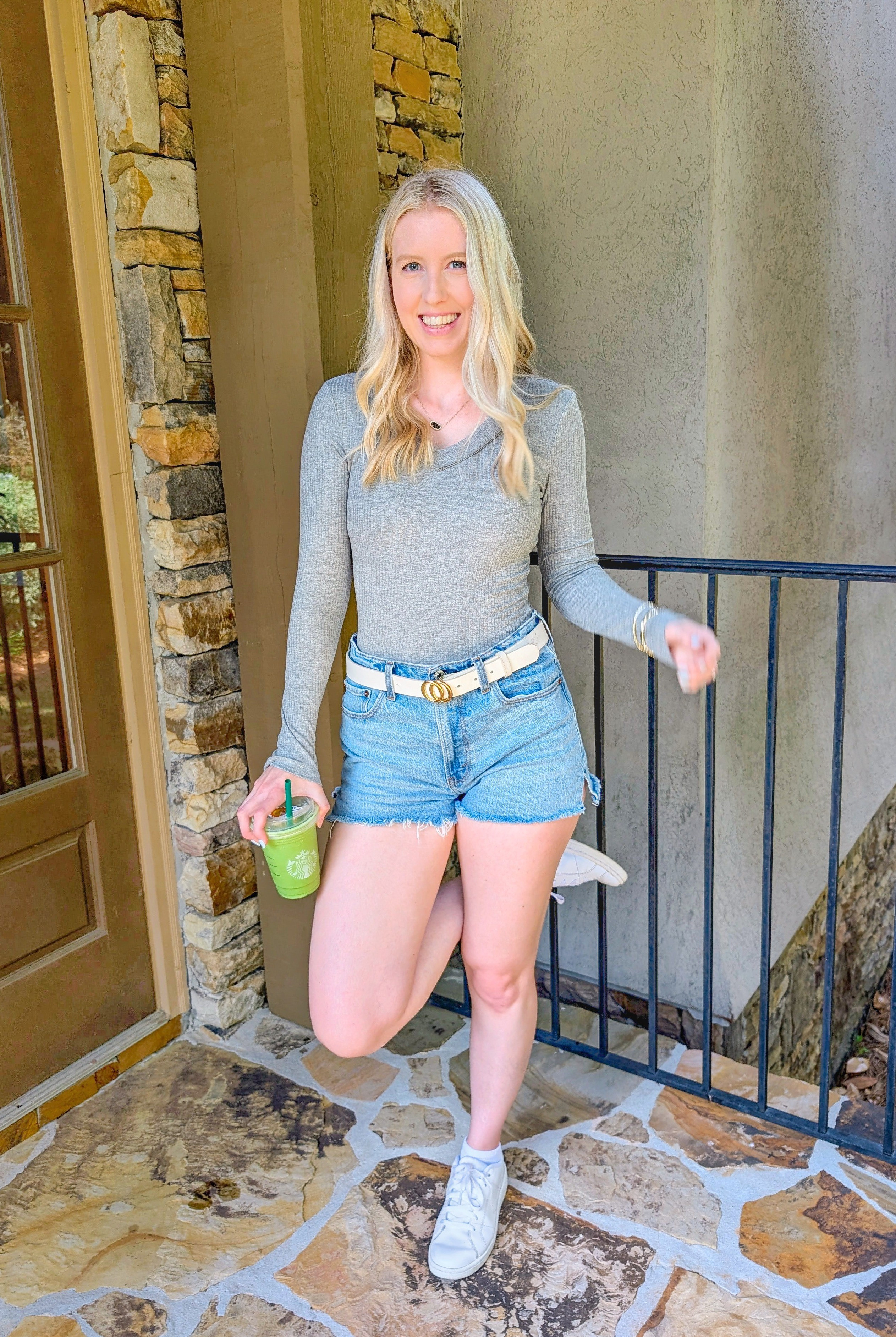 3 C's outfit - cute, casual and comfy. Long sleeve grey top, high waist Abercrombie denim shorts, white sneakers, white belt, Kendra Scott necklace.

#LTKFindsUnder50 #LTKSeasonal #LTKFindsUnder100