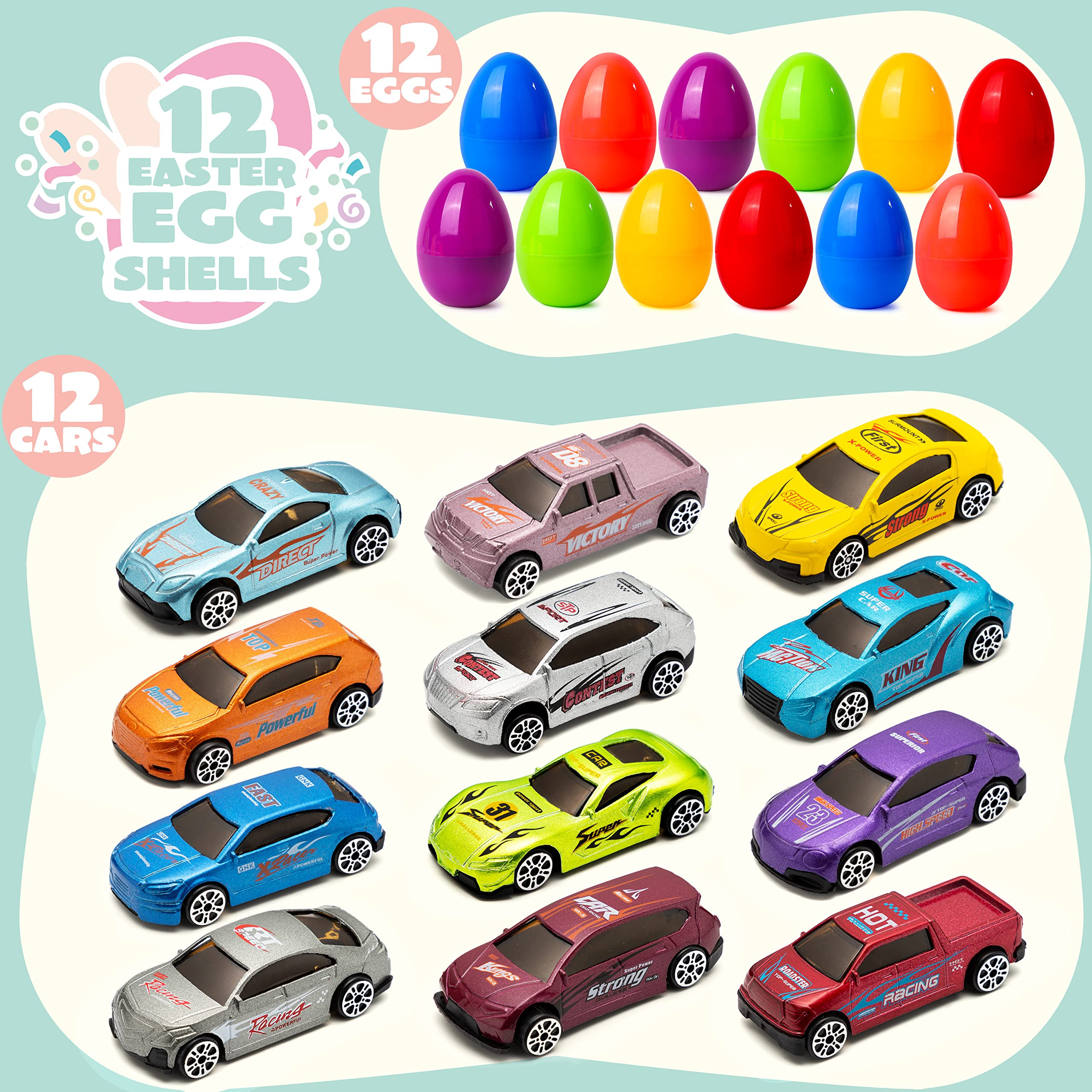 JOYIN 12 Pcs Die-Cast Car Filled Big Easter Eggs, Bright Colorful Prefilled Plastic Eggs with Dif... | Amazon (US)