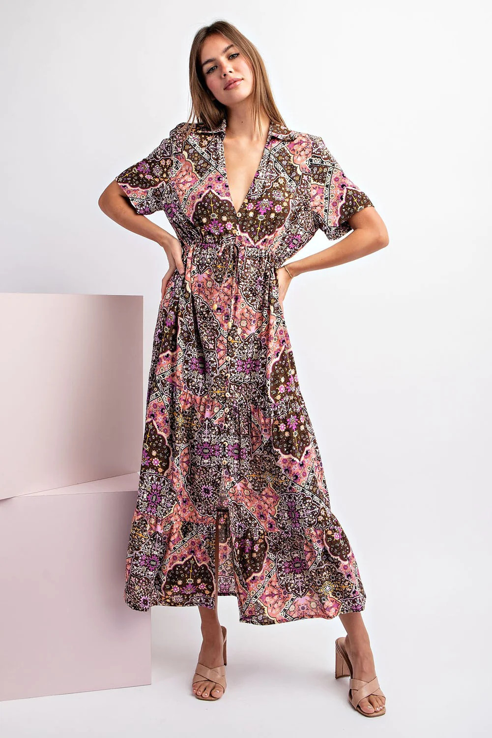 Brown Paisley Print Collared Button Down Maxi Dress | PinkBlush Maternity