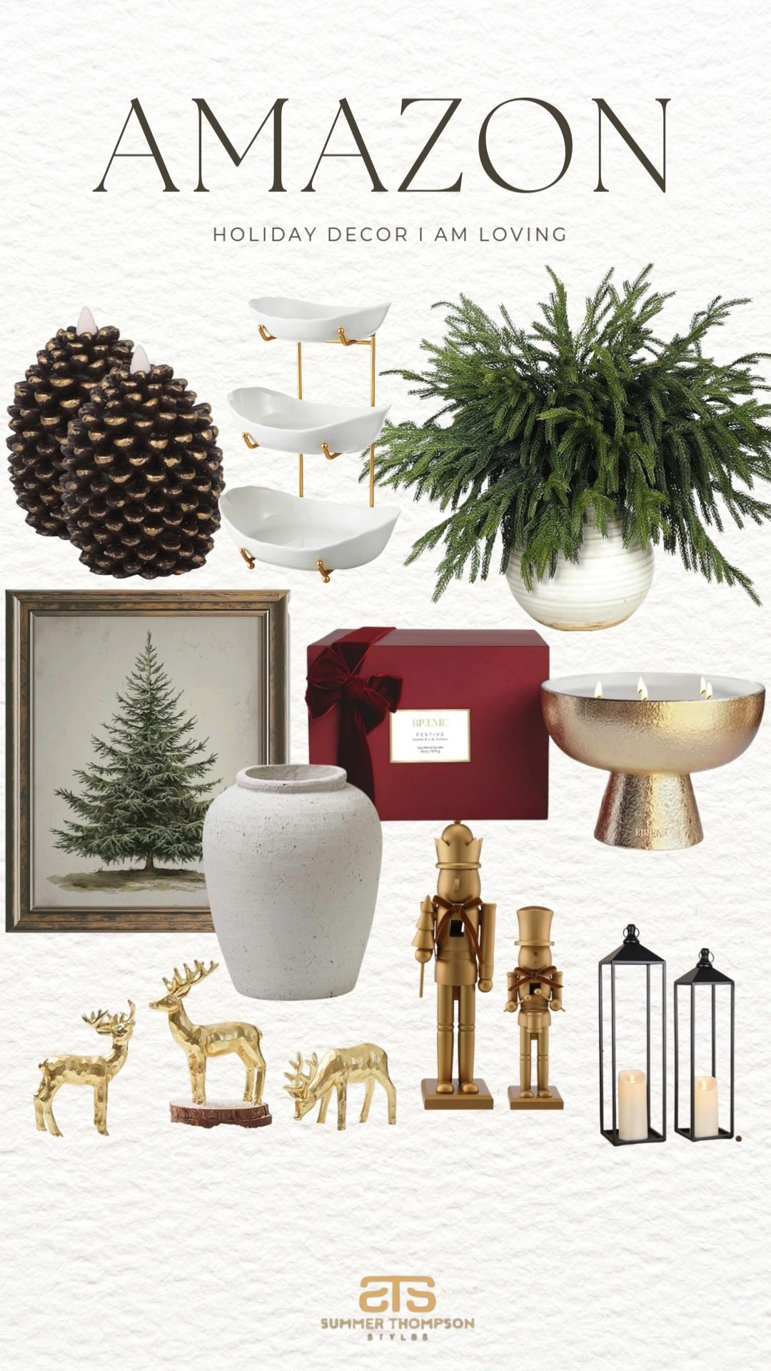 Classic holiday textures with rich seasonal details.
Pinecone accents. Gold nesting bowls. Evergreen stems. Velvet ribbon gifts. Ceramic vessels. Brass reindeer. Lantern glow.

#AmazonHoliday #HolidayDecor #ChristmasHomeStyle


#LTKHome #LTKHoliday