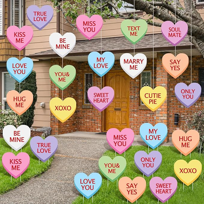 Yuntau 28 Pcs Valentine's Day Outdoor Decorations Conversation Heart Candy Yard Sign Valentine Da... | Amazon (US)