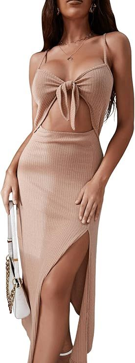 SweatyRocks Women's Elegant Tie Front Cut Out Dress Ribbed Slit Thigh Maxi Dresses | Amazon (US)