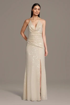 Cowl Neck Halter Draped Sequin Sheath Dress | David's Bridal