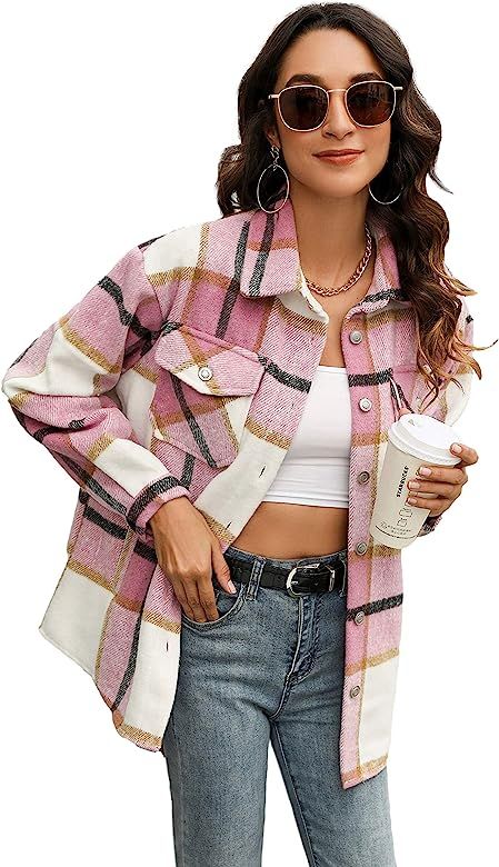 Amazon.com: Himosyber Womens Casual Wool Blend Plaid Lapel Button Down Shacket Shirt Coat Jacket ... | Amazon (US)