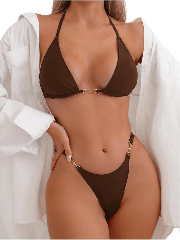 Women's Bikini Sets 2 Piece Pearl Triangle Tie Back Swim Suits Sexy Sleeveless Bathing Suit | Amazon (US)