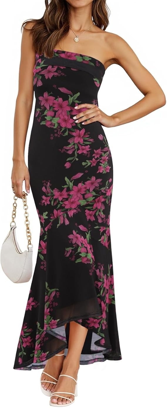 MEROKEETY Women's Summer Strapless Floral Maxi Dress 2026 Bodycon Mesh Wedding Guest Cocktail Par... | Amazon (US)