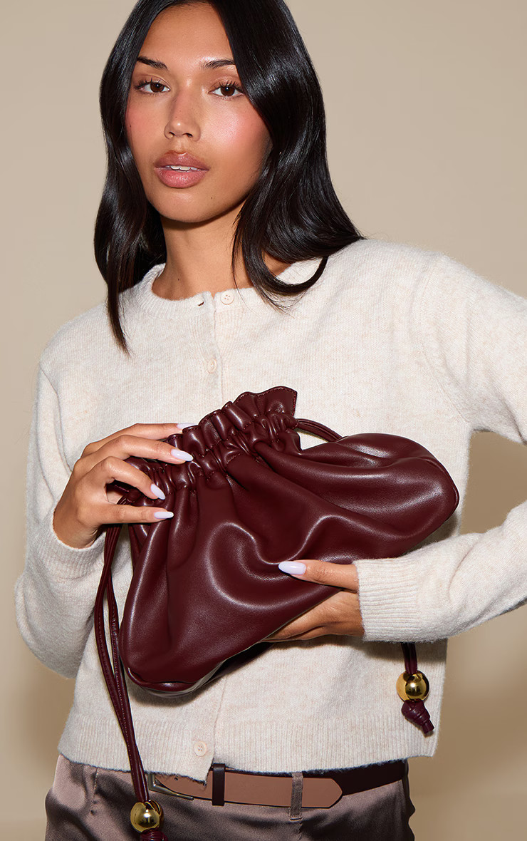 Burgundy Bead Ruched Pouch Clutch Bag | Pretty Little Thing (Australia & New Zealand)
