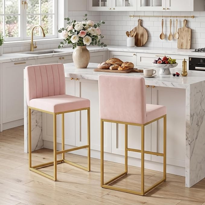 25.5" H Counter Height Bar Stools Set of 2, Velvet Upholstered Kitchen Barstools with Backs & Foo... | Amazon (US)