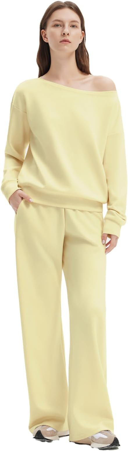 SUUKSESS Women 2 Piece Lounge Matching Set Off Shoulder Sweatshirt Wide Leg Sweatpant | Amazon (US)