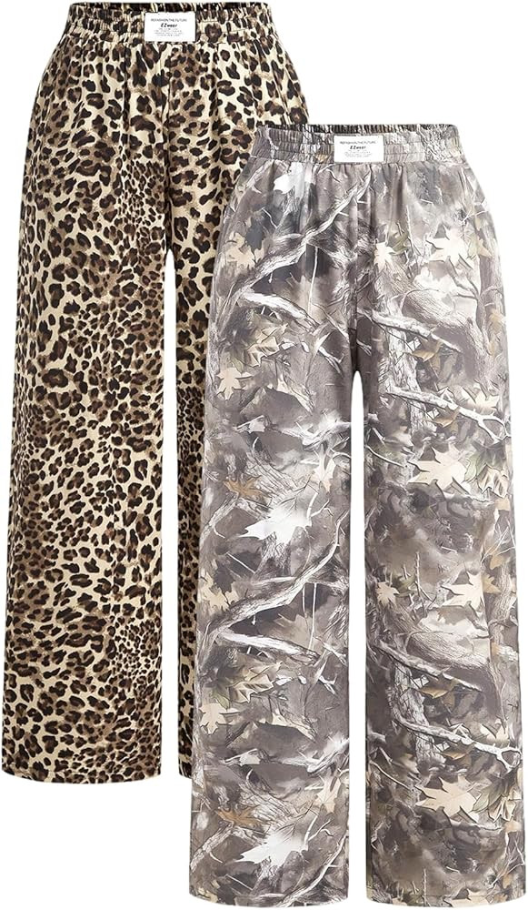 SOLY HUX Women's 2 Piece Baggy Pants Leopard Camo Print Elastic Waist Wide Leg Long Trousers Stre... | Amazon (US)