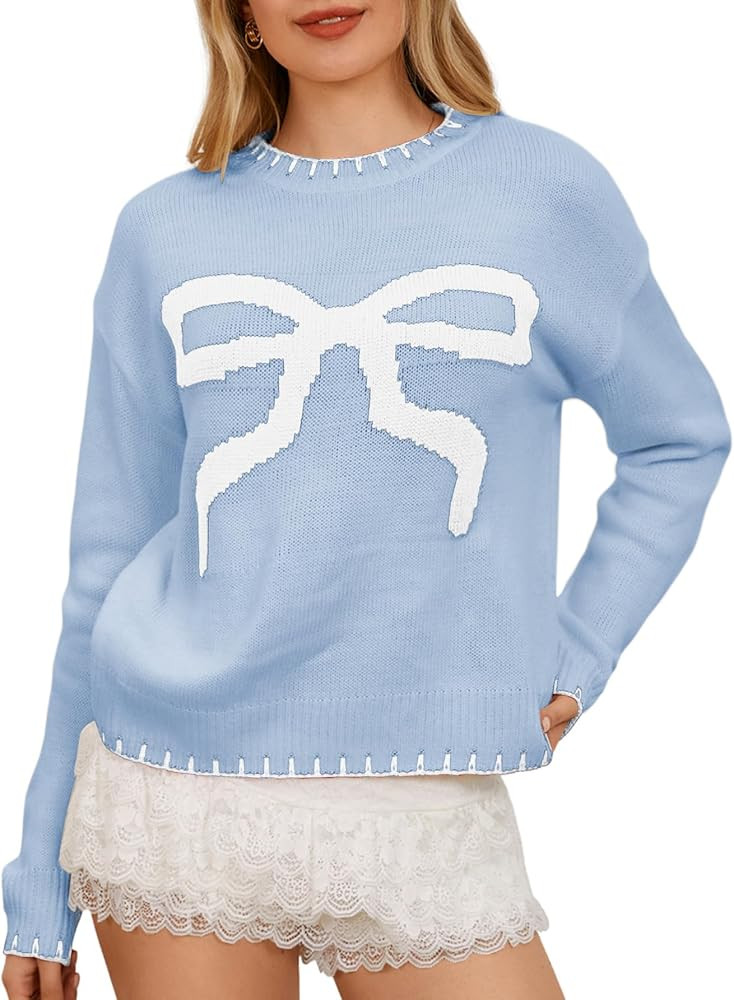 MakeMeChic Women's Bow Knot Sweater Contrast Binding Long Sleeve Round Neck Pullover Knit Tops Wh... | Amazon (US)