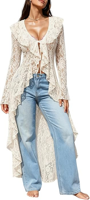Lace Cardigan for Women Summer Floral Mesh Sheer Bell Long Sleeve Ruffled Collar Hem Tie Front Ma... | Amazon (US)