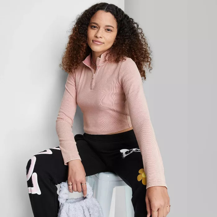 Women's Long Sleeve Quarter Zip Tiny Top T-shirt - Wild Fable™ | Target