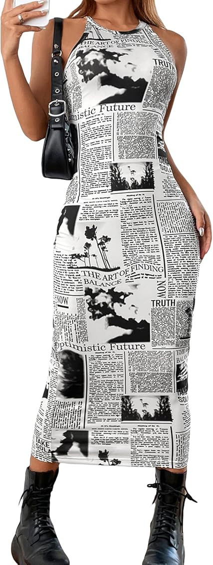 GORGLITTER Women's Newspaper Print Bodycon Midi Dress Sleeveless Halter Dresses | Amazon (US)