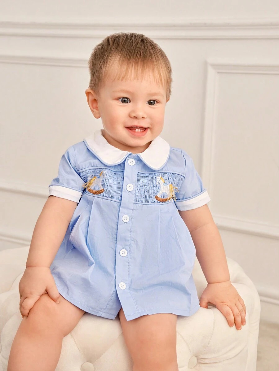 Souflis 2pcs Baby Boys' Elegant French Retro Cable-Knit Turn-Down Collar Suit, Spring And Summer | SHEIN