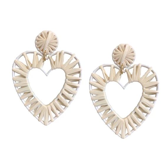 Natural Heart Woven Raffia Statement Earrings - Beige / White | Etsy (US)