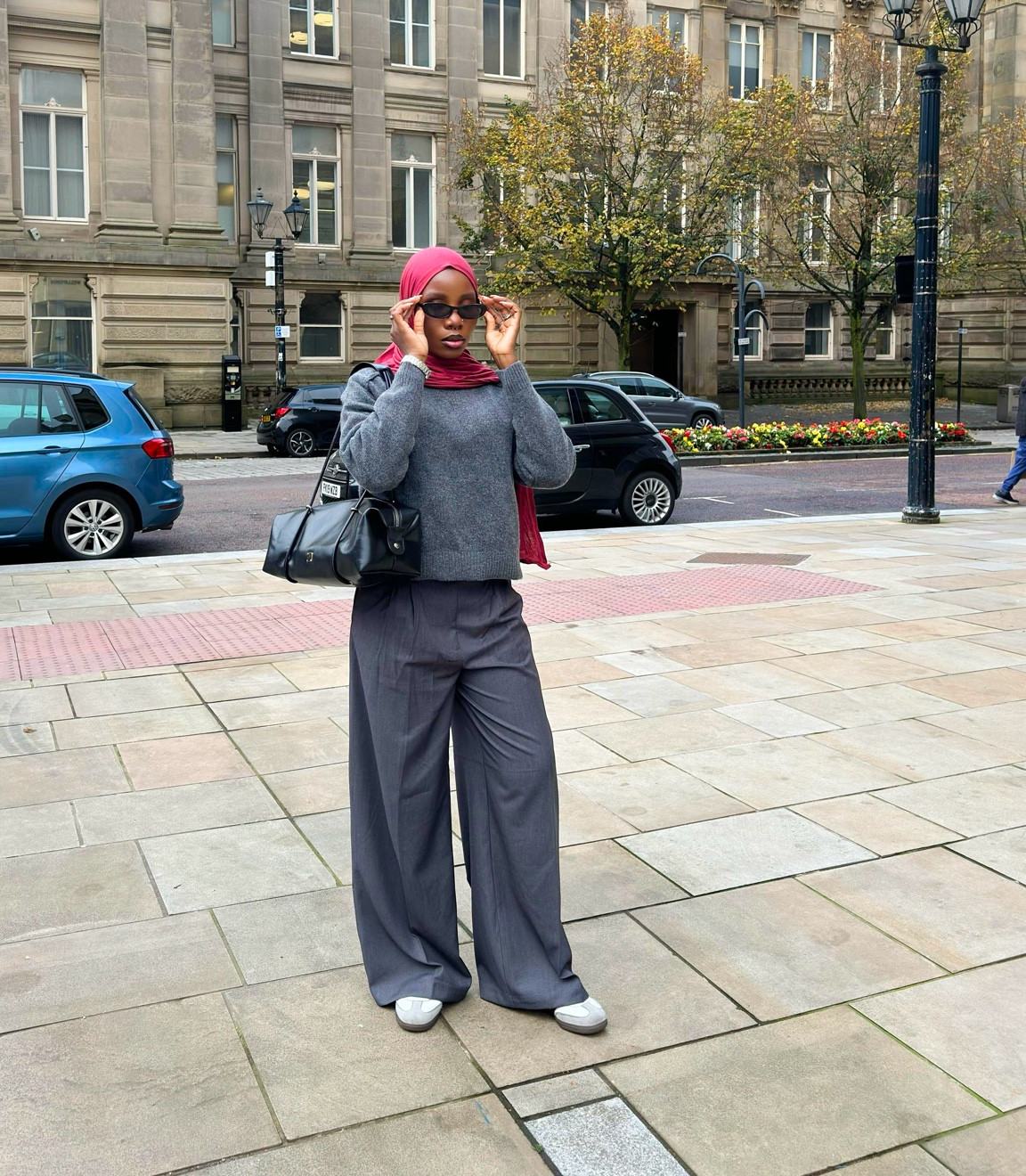 Grey and burgundy autumn outfit - wide leg pants, wide leg trousers, grey jumper, adidas og samba, modest fashion. 

#LTKmodest #LTKuk #LTKautumn