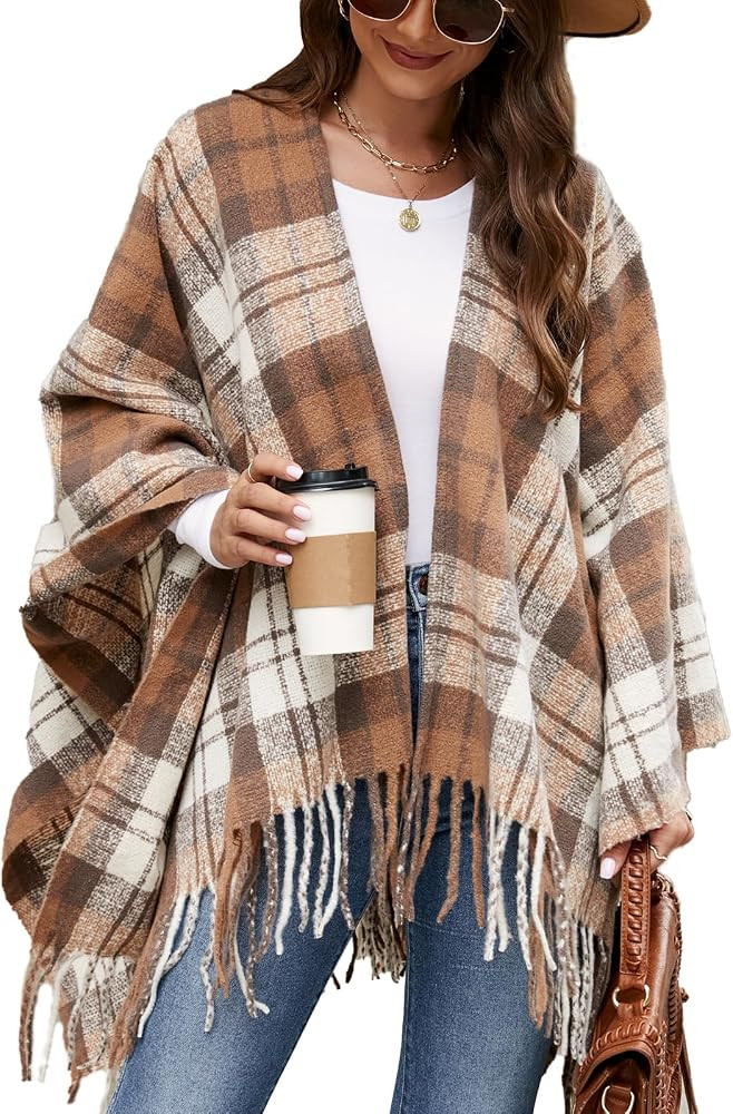 VIMPUNEC Womens Boho Plaid Poncho Open Front Shawl Wrap Cape | Amazon (US)