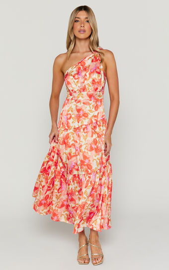 Georgine Midi Dress - One Shoulder Ruched Tiered Dress in AUTUMN FLORAL | Showpo (US, UK & Europe)