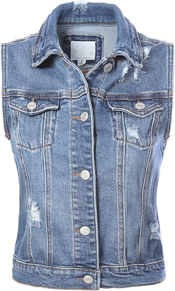 Design by Olivia Women's Junior Fit Sleeveless Button up Jean Denim Jacket Vest | Amazon (US)
