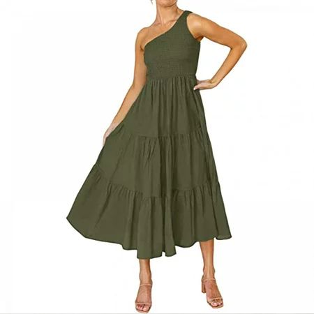 Spring Dresses Sleeveless Crew Neck Fashion Women Boho Summer Solid One Shoulder Smocked Maxi Dress  | Walmart (US)