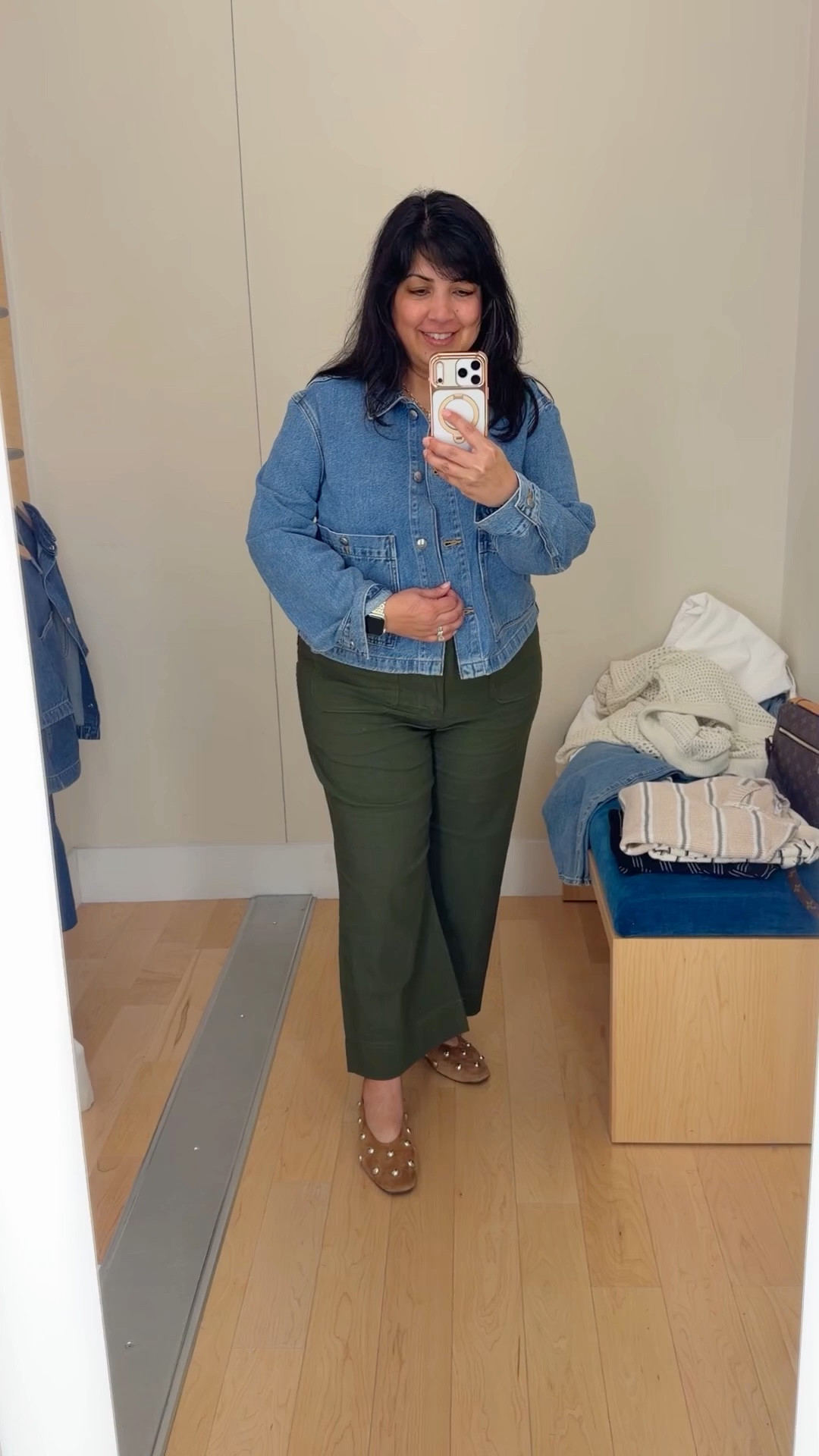 Spring outfits 2026! Love this denim jacket for spring! Such a cute updated style and so versatile. Wearing it here in size large. 

Madewell denim chore jacket size large. Anthropologie Colette pants size 32 Petite. Madewell ballet flats no longer available on this studded style but linked a look for less from Amazon. Kendra Scott necklace.

#LTKMidsize #LTKOver40 #LTKPetite