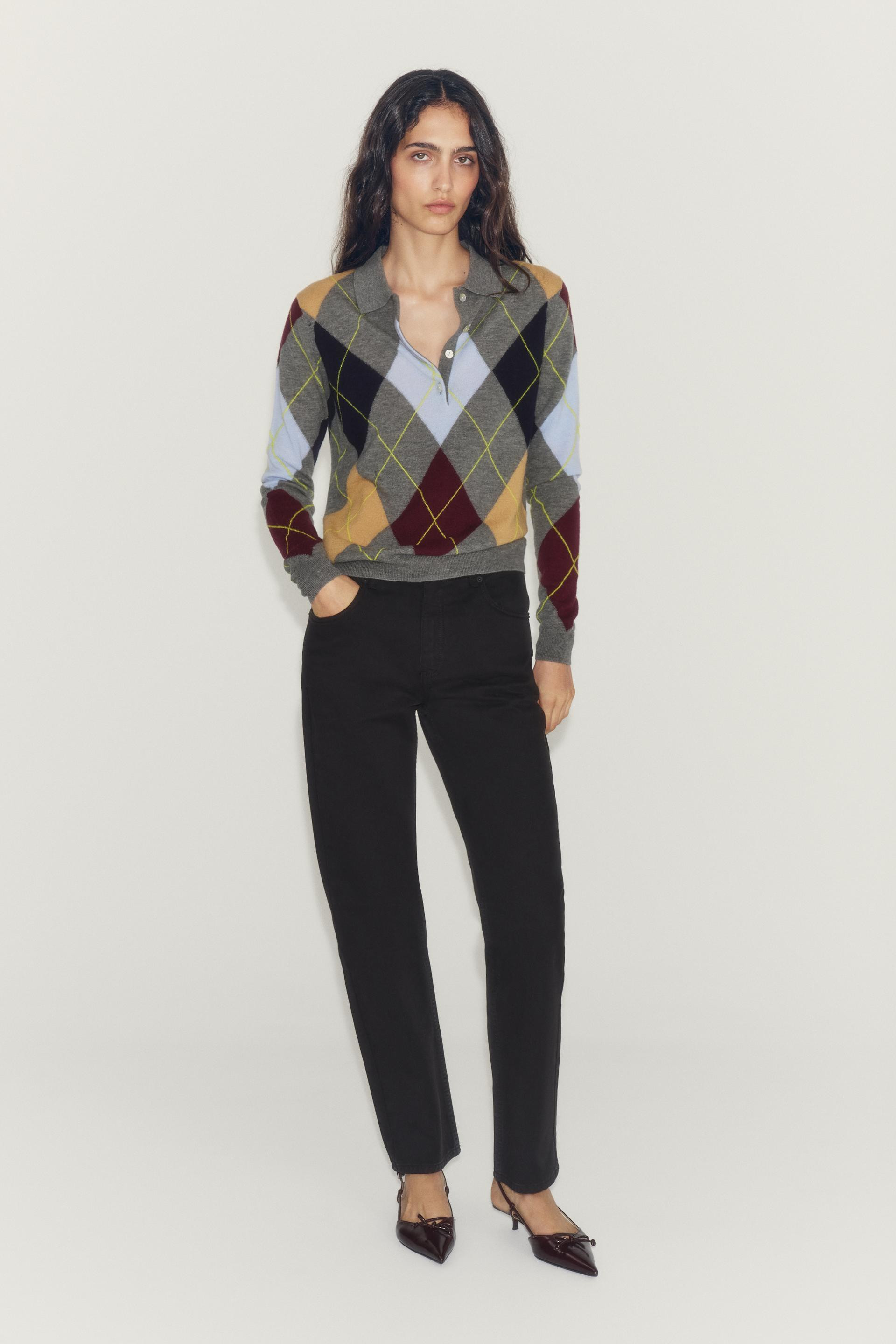Zara - 100% Wool Argyle Polo Jumper - Multicoloured - S - Woman | Zara UK