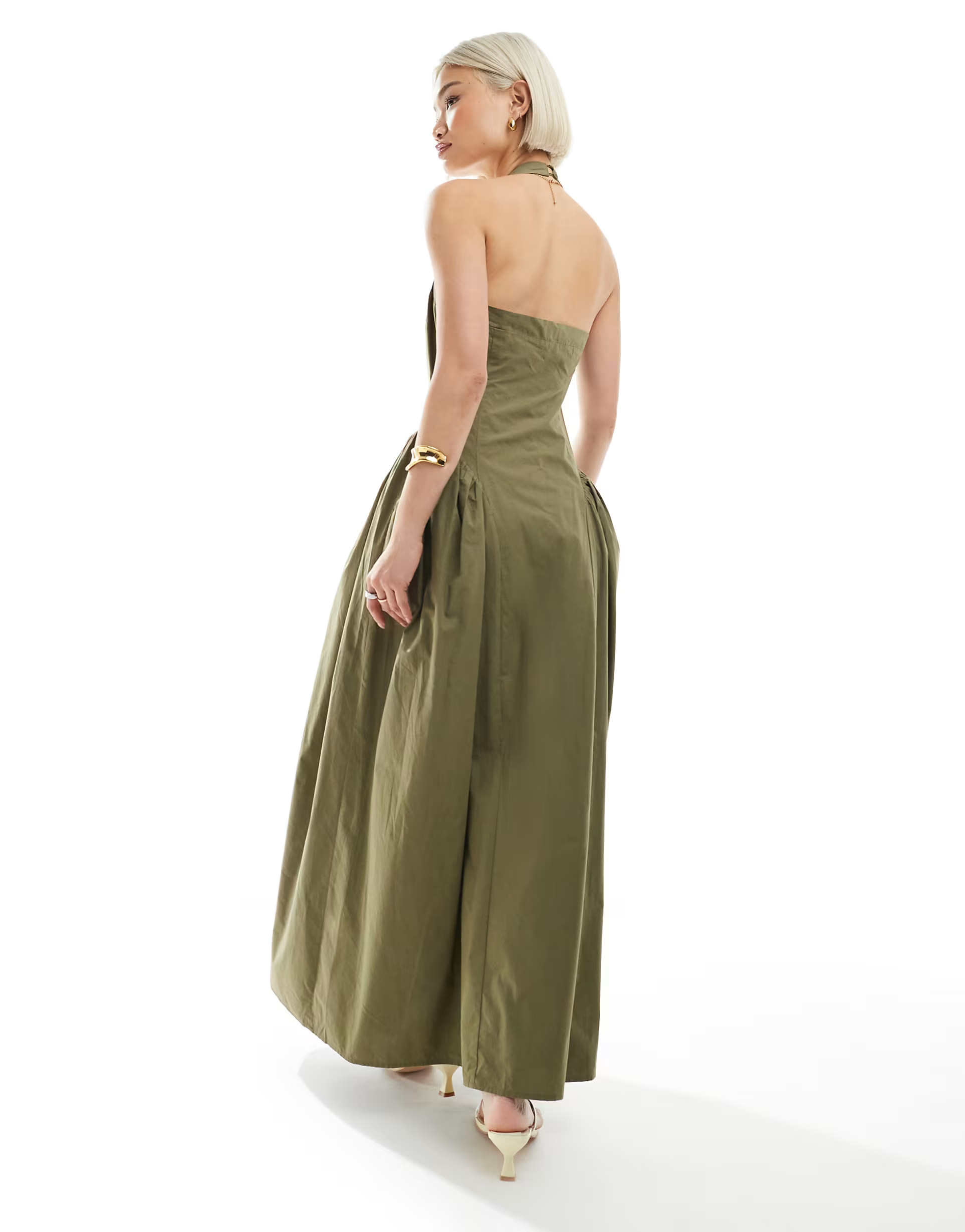 4th & Reckless cotton square halterneck hip pleat detail maxi dress in olive green | ASOS | ASOS (Global)