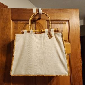 Off White Linen totebag, by "Bamboo 54", w bamboo handle, measures 16 3/4" x 12. | Poshmark