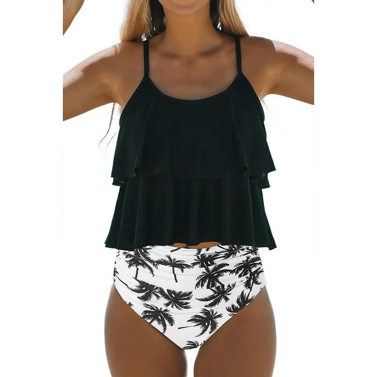 Beachsissi Tankini Bathing Suit Leaf Print High Waisted Tummy Control 2 Piece Swimsuit, Leaf, L | Walmart (US)