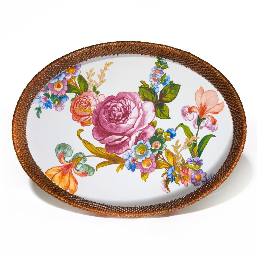 Flower Market Large Rattan & Enamel Tray - White | MacKenzie-Childs