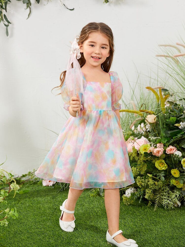 SHEIN Toddler Girls Flounce Sleeve Tie Dye Organza Dress | SHEIN