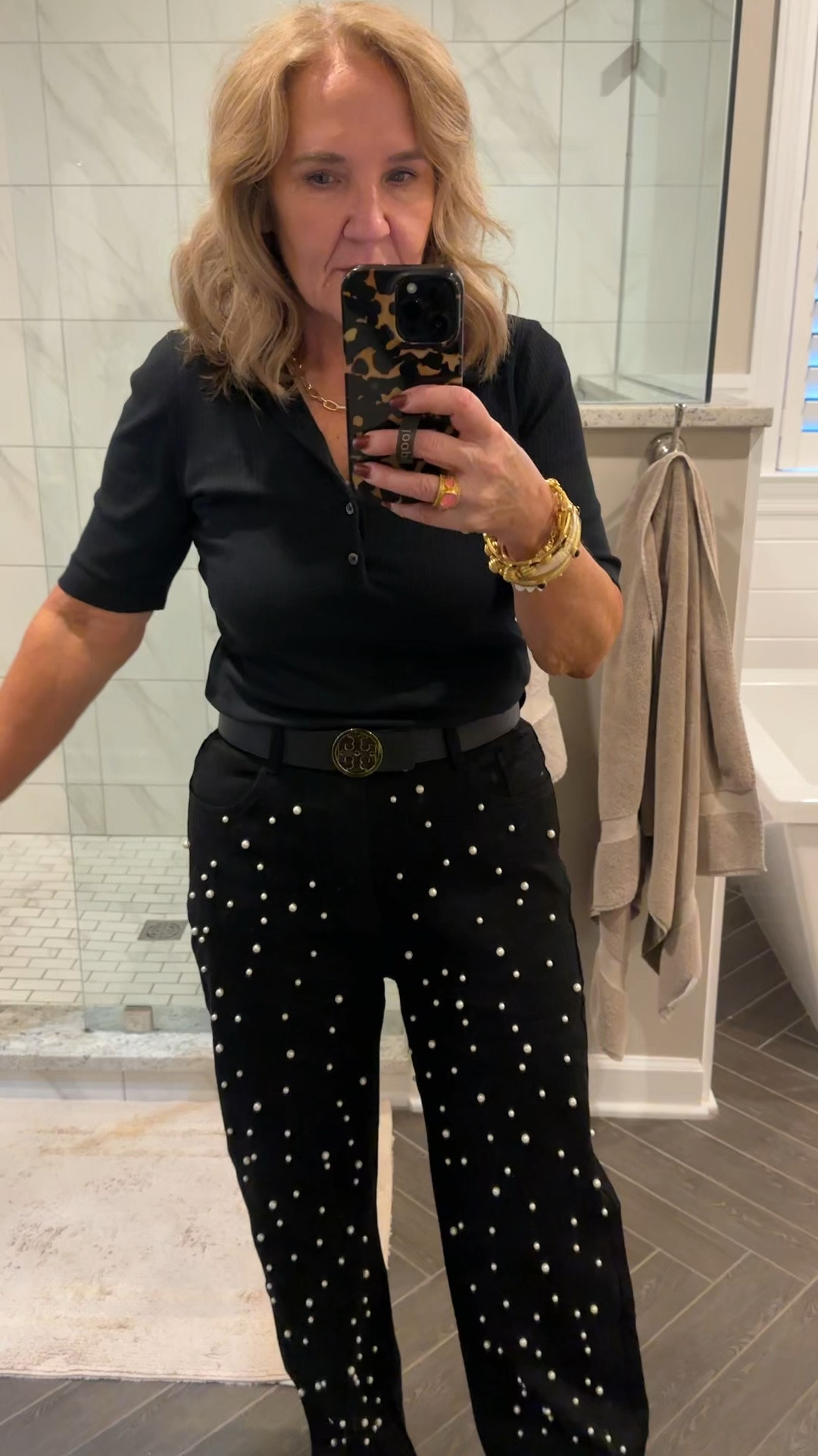 These jeans are so cute! 

Wearing a large but they have nice stretch so you could prob order your reg size. Deciding if I’m going to swap out to a medium. 

Spanx ribbed polo size large 15% off code NANETTEXSPANX 

Allie + Bess code NANETTE20

My boots are so good. But you have to size up a full size. I’m a 9.5 and the 10.5 work great. 

Black jeans Amazon jeans pearl black jeans holiday outfit embellished jeans 

#LTKOver40 #LTKFindsUnder100 #LTKHoliday