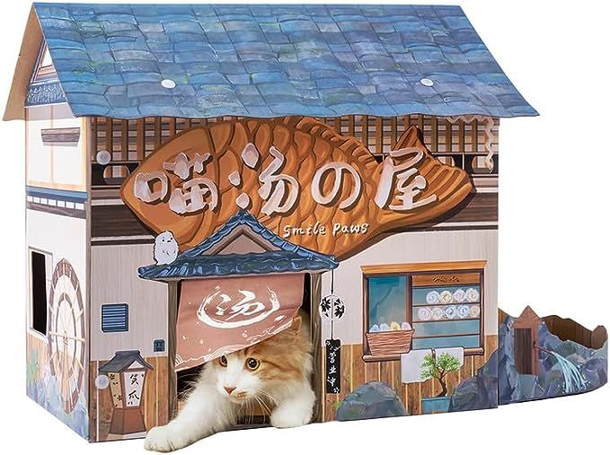 Cat Beds for Indoor Cats, Cardboard Cat House with Scratchers, Onsen Hotel, Large Sturdy Cat Furn... | Amazon (US)