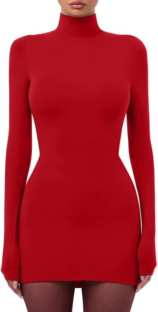 LAGSHIAN Women's Sexy Basic High Neck Long Sleeve Bodycon Club Party Mini Dress | Amazon (US)