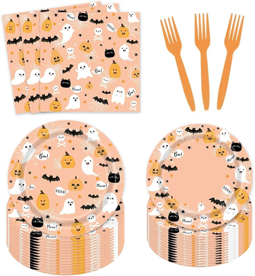 96 Pcs Halloween Plates and Napkins Ghost Spooktacular Halloween Baby Shower Birthday Party Table... | Amazon (US)