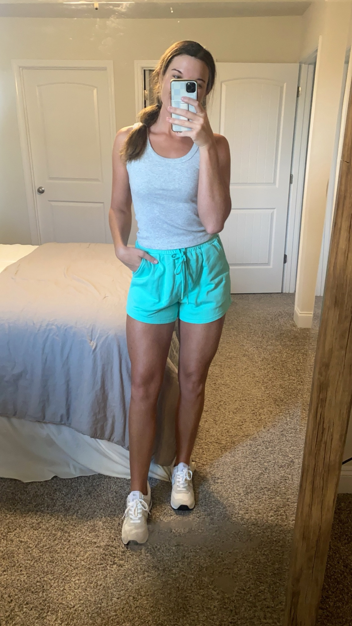 Comfy lounge shorts! High waisted, fit true to size, wearing light green! Tank is from Target and fits TTS. Shoes are New Balance!