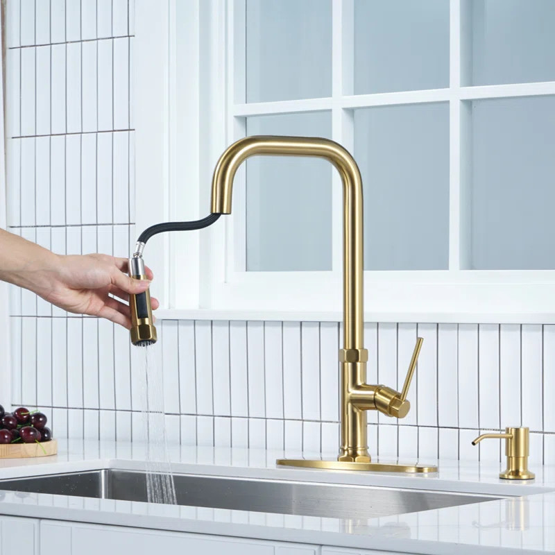 ARCORA Single Handle Pull Down Kitchen Faucet with Soap Dispenser and Deck Plate | Wayfair North America
