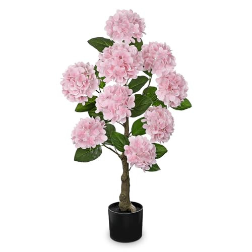 Hollyone 3FT Pink Hydrangea Artificial Flowers Tree Large Real Touch Faux Silk Hydrangea Plants Potted Fake Flower in Black Pot for Home Indoor Outdoor Front Porch Garden Entrance Living Room Decor | Amazon (US)