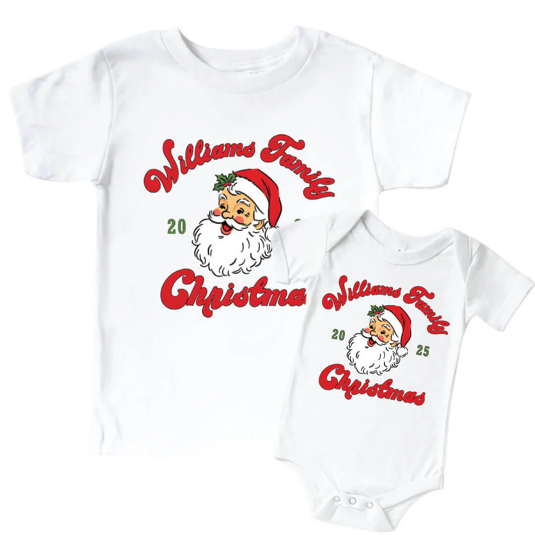 Personalized Santa Family Christmas Graphic Bodysuit & Kids Tee | White | Caden Lane
