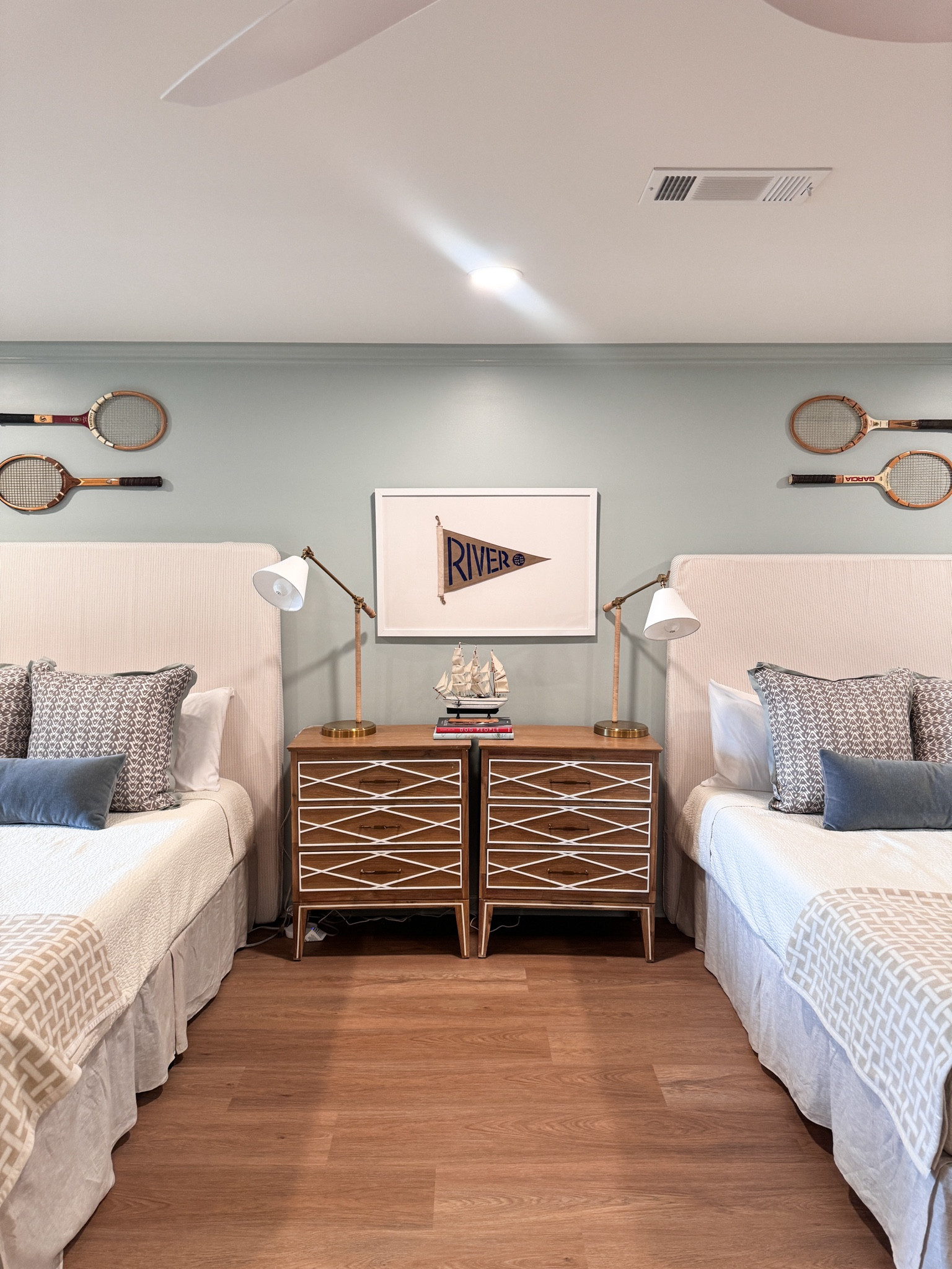 Mid-sized Nightstands from Wayfair. Gabby cerused oak chests with 3 drawers that have bone inlay. Have owned these for 5 years and they have moved with us 3-4 times. Solid investment! 